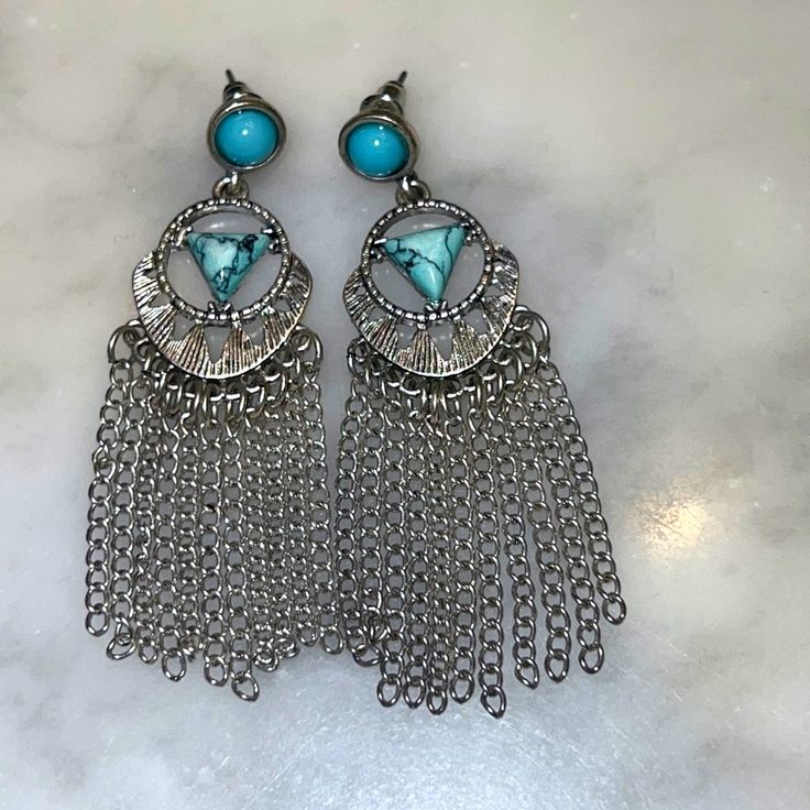 Questions? Leave A Comment Below! Turquoise Boho, Tassel Fringe, Fringe Earrings, Leave A Comment, Blue And Silver, Tassels, Color Blue, Jewelry Earrings, Women Jewelry