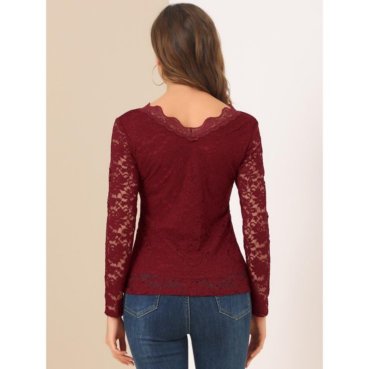 Made of lightweight semi-sheer fabric in a fitting silhouette, this elegant lace blouse is designed with a lace trim and full sleeves, which is an effortless option for weddings, night outings, or parties. A flattering deep V-neckline and long feminine sleeves, show your enchantment better. A scalloped lace trim and lace panel add a romantic feeling to this stretchy blouse, especially for teens, girls, or ladies. Slim fit design, makes you look more elegant. Perfect match mini skirts for a chic Fall V-neck Blouse With Lace Patchwork, V-neck Lace Patchwork Top For Fall, V-neck Lace Top With Scalloped Detail, Lace Top With Lace Sleeves And Crew Neck, Lace Tops With Crew Neck And Lace Sleeves, Fitted V-neck Top With Scalloped Lace, Crew Neck Lace Top With Lace Sleeves For Fall, Long Sleeve Blouse With Lace Trim For Party, Fitted Top With Lace Patchwork For Fall