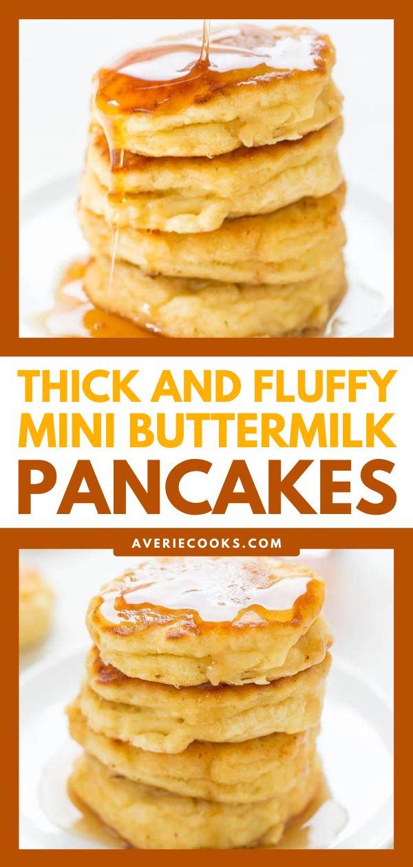 pancakes stacked on top of each other with the words thick and fluffy mini buttermik pancakes