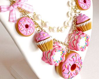 Pink Dessert Necklace, Pink Cupcake Charm Statement Necklace, Donut Pendant, Birthday Cake, Pastel Goth, Kawaii Food Jewelry, Pinup Jewelry Playful Charms Jewelry For Birthday, Personalized Kawaii Jewelry For Birthday, Cute Necklace For Birthday And Valentine's Day, Kawaii Dangle Earrings For Birthday, Personalized Pink Novelty Necklaces, Whimsical Charms Jewelry For Birthday, Whimsical Birthday Jewelry With Charms, Whimsical Charms Necklace For Birthday, Whimsical Charm Jewelry For Birthdays