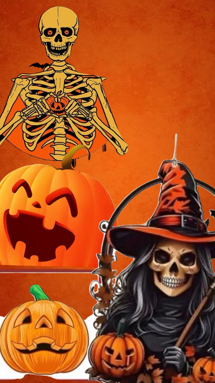 an image of halloween decorations with skeletons and pumpkins