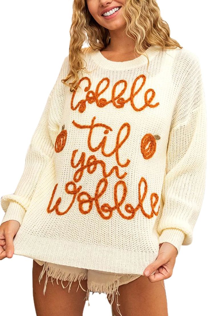 This adorable sweater is just in time for fall. It's perfect for all your fall festivities! Material composition: 100% acrylic Care instructions: Machine wash cold. Tumble dry low. Measurements: S:Bust 37.40 in, Top Length 24.02 in, Sleeve Length 19.29 in M:Bust 39.37 in, Top Length 24.41 in, Sleeve Length 19.69 in L:Bust 41.34 in, Top Length 24.80 in, Sleeve Length 20.08 in XL:Bust 44.09 in, Top Length 25.20 in, Sleeve Length 20.47 in2 Trendy Acrylic Sweater For Fall, Knitted Crew Neck Fall Sweater, Knitted Crew Neck Sweater For Fall, Knitted Acrylic Tops For Fall, Oversized White Fall Sweater, White Comfortable Fit Sweater For Fall, White Cozy Fit Sweater For Fall, Oversized White Sweater For Fall, Cozy White Sweater For Fall