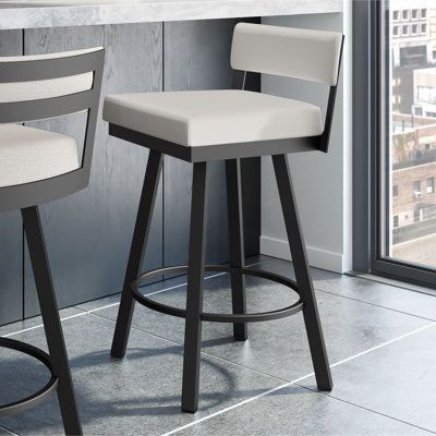 two stools in front of a counter with a window and cityscape behind them