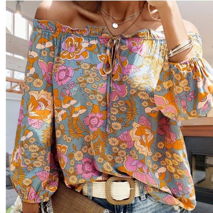 Summer Long Sleeve Blouse Trendy Fall Vacation Blouse, Trendy Fall Blouse For Vacation, Trendy Blouse For Vacation In Fall, Chic Orange Blouse For Vacation, Trendy Orange Spring Blouse, Trendy Orange Blouse For Spring, Orange Tops For Fall Day Out, Chic Orange Floral Print Blouse, Spring Beach Blouse In Orange