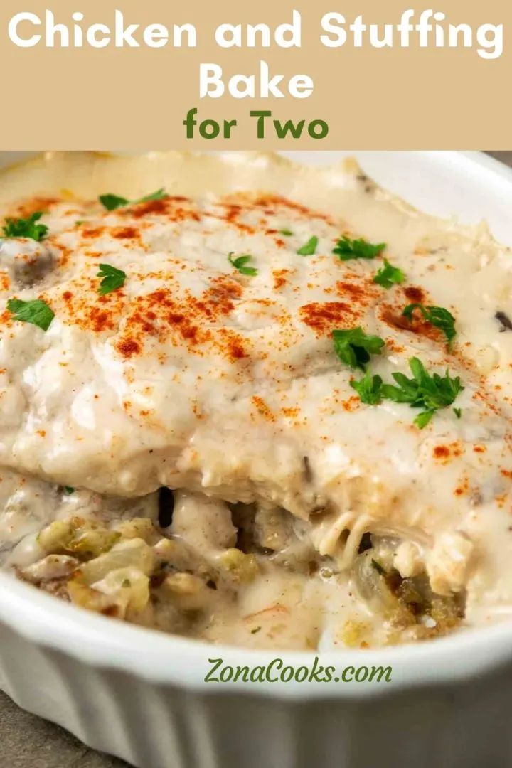 chicken and stuffing bake for two in a white casserole dish