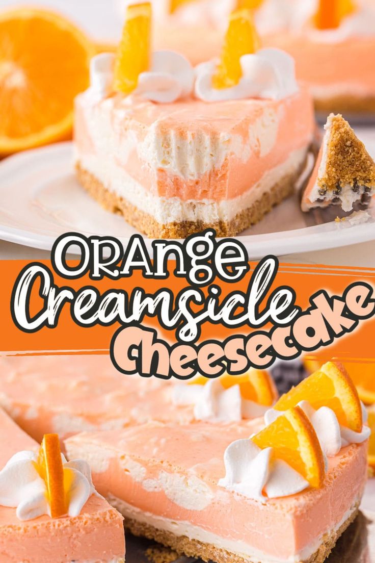 orange creamsicle cheesecake on a white plate with an orange slice in the background