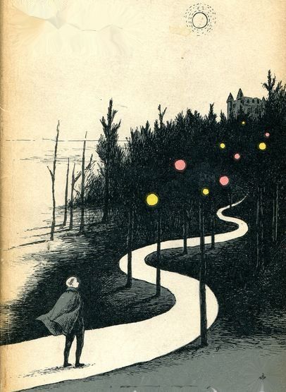 an old book cover with a man walking down a path surrounded by trees and yellow lights