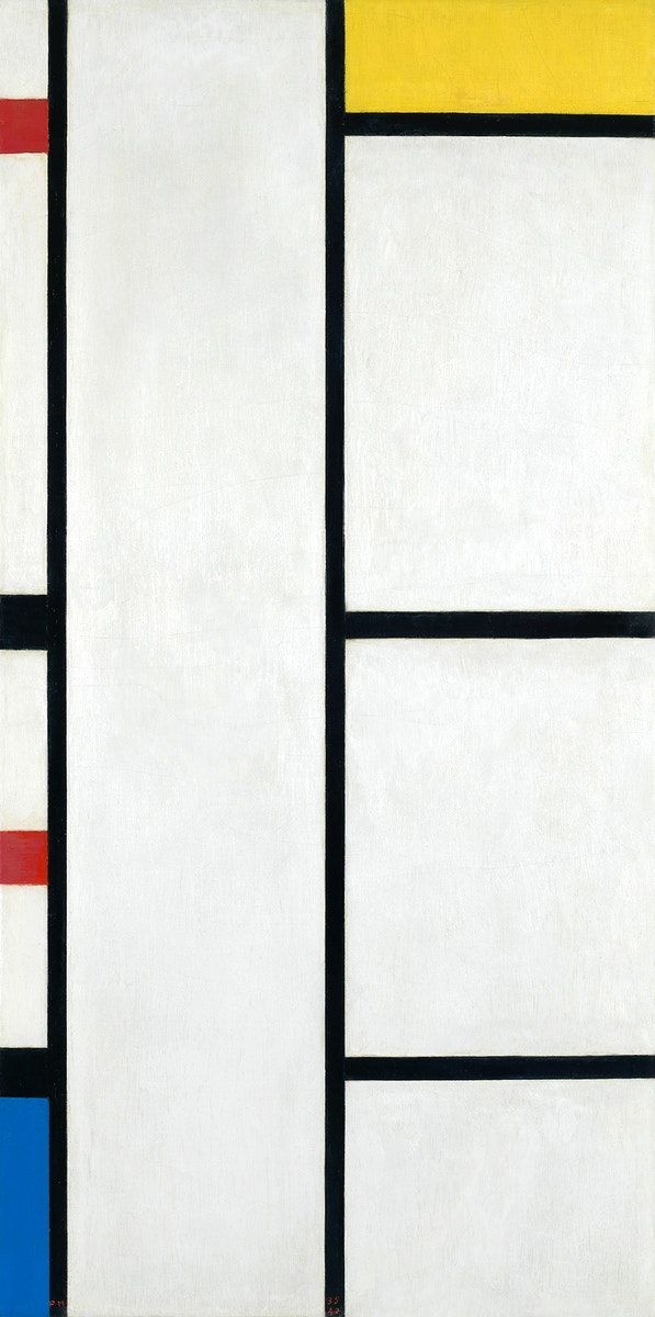 an abstract painting with white, blue, yellow and red lines on the bottom half