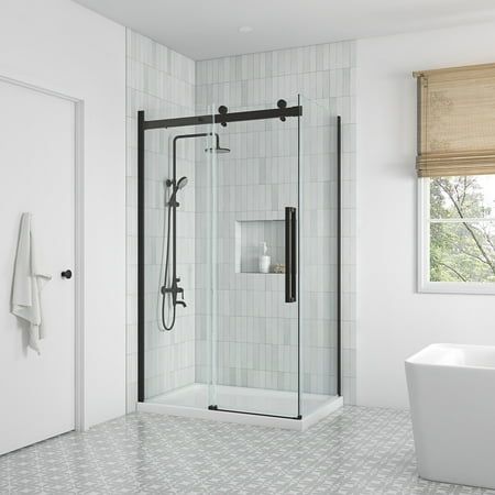 Now it's no wonder that her name means beauty! Introducing the Bel 32-inch semi-frameless glass shower side panel by OVE Decors. Its strong tempered glass panel is a stunner in any bathroom. A perfect pairing for a corner shower installation of the Bel Soft-Close sliding shower door collection, available in 48-in and 60-in sizes. Size: 32".  Color: Black. Glass Shower Door Small Bathroom, Glass Door For Shower Walk In, Black Hardware Shower, 48x60 Shower Ideas, Shower Kit Ideas Bathroom, Semi Frameless Shower Door, Reeded Glass Shower Door, Small Shower Door Ideas, Shower With Sliding Glass Door