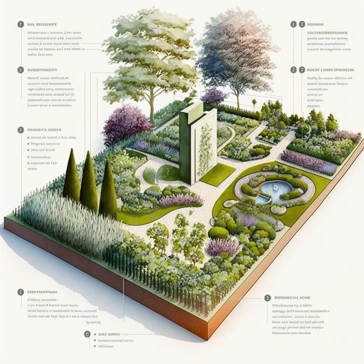 an illustrated garden with trees, shrubs and water features in the center is a pond