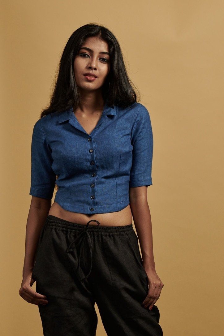 Indigo Cotton Denim Top With Short Sleeves, Indigo Short Sleeve Cotton Denim Top, Indigo Short Sleeve Denim Top, Fitted Denim Blouse For Summer, Fitted Denim Summer Blouse, Fitted Cotton Crop Top Shirt, Fitted Blue Cotton Cropped Shirt, Blue Fitted Cotton Cropped Shirt, Fitted Denim Top With Short Sleeves For Summer