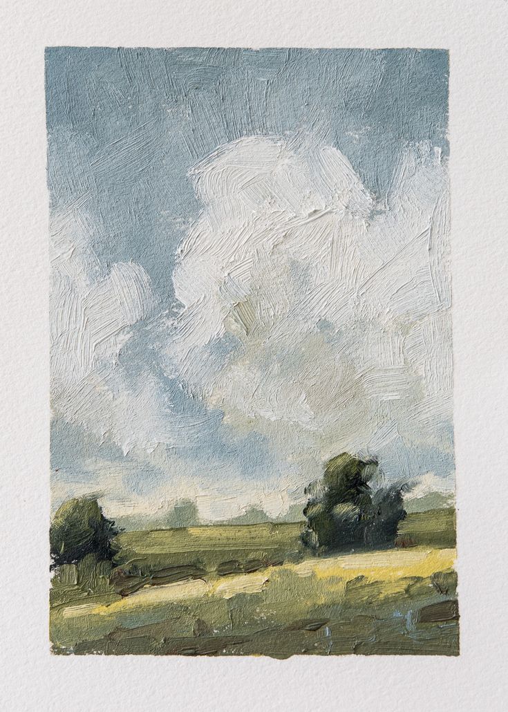 an oil painting of trees and clouds in the distance