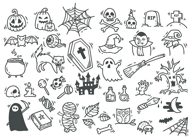 hand drawn halloween doodles on white paper with pumpkins, ghost and other items