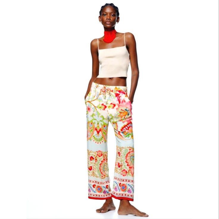 Zara Printed Palazzo Pants Super Cute And Trendy Printed Pants. Elastic Waist With Ties, Front And Back Pockets. New With Tags 64 Casual Summer Sleepwear Trousers, Casual Pants For Summer Pajama Party, Casual Wide Leg Sleepwear For Spring, Summer Loungewear Sleepwear Straight Pants, Summer Sleepwear Straight Pants For Loungewear, Summer Lounging Ankle-length Pants, Ankle-length Summer Lounging Pants, Wide Leg Summer Sleep Bottoms, Casual Wide Leg Pants For Summer Pajama Party