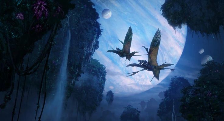 two dinosaurs are flying through the air in front of a waterfall and moon filled sky