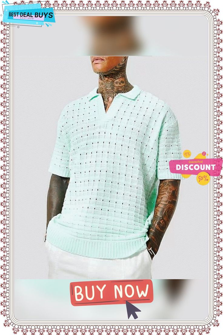 Men's Polo Shirt Knit Polo Sweater Golf Shirt Turndown Summer Short Sleeve Light Blue White Yellow Plain Street Casual Clothing Apparel Hollow Out Winter Tops With Ribbed Collar And Short Sleeves, Blue Top With Ribbed Collar For Summer, Collared Knitted Tops For Summer, Knitted Collared Tops For Summer, Summer Knitted Collared Tops, Casual Green Short Sleeve Polo Sweater, Green Knitted Short Sleeve Tops, Green Ribbed Collar Top For Summer, Summer Green Top With Ribbed Collar