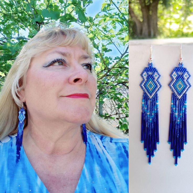 These Beautiful Native American Beaded Earrings are custom made by Elaine out of Blue, White, Turquoise and Silver with blue bugle beads on them.  They are 5 inch long and 1 inch wide with silver ear wires on them, can be changed to post or clips. If you like them and want in another color just let me know I do special orders.  Thanks for looking. Traditional Blue Beaded Fringe Earrings, Blue Artisan Handwoven Jewelry, Artisan Handwoven Blue Jewelry, Southwestern Style Blue Earrings For Festivals, Blue Handwoven Dangle Jewelry, Blue Handwoven Beaded Earrings For Festivals, Southwestern Style Blue Festival Earrings, Southwestern Blue Beaded Earrings With Round Beads, Handmade Southwestern Blue Beaded Earrings