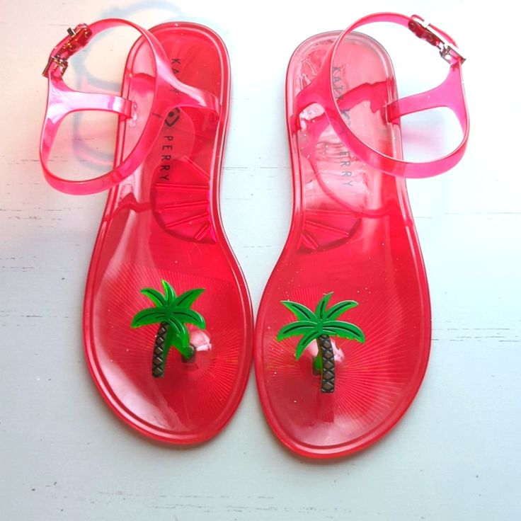 Brand New, Never Used Katy Palm Tree Jelly Sandals. Pink. Size 9 Closed Toe Jelly Sandals For Beach Vacation, Flat Jelly Sandals For Summer Beach Season, Fun Open Toe Flip Flops For Vacation, Fun Synthetic Sandals For Vacation, Pink Ankle Strap Jelly Sandals For Summer, Pink Jelly Sandals For Summer Vacation, Summer Vacation Closed Toe Jelly Sandals, Pink Flat Jelly Sandals For Beach, Trendy Jelly Sandals With Round Toe For Vacation