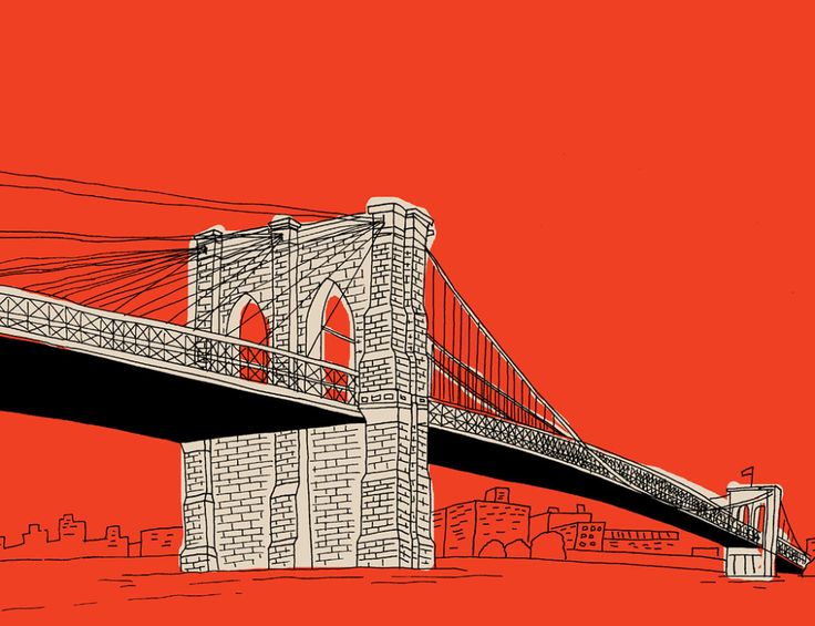 a red and black drawing of the brooklyn bridge