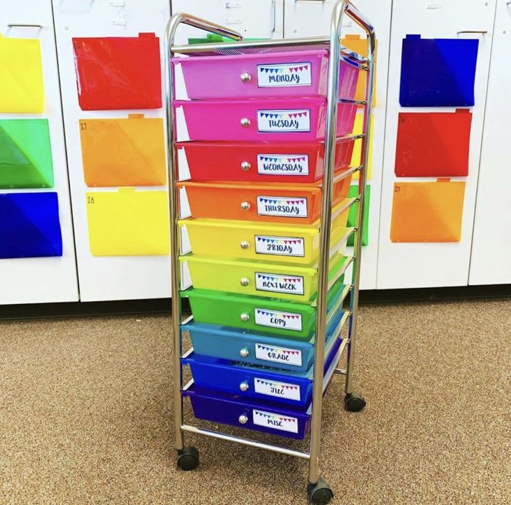 a multicolored file cart with five drawers and labels on the bottom shelf, in front of colorful wall panels