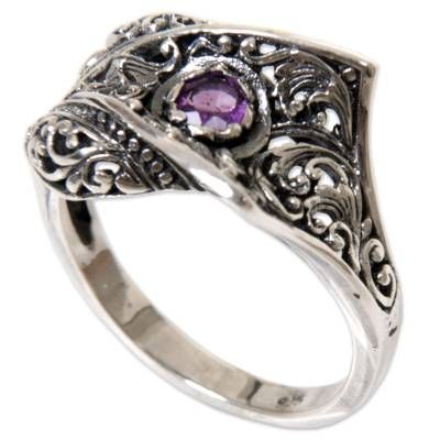 Indonesian artisan Agung Jagra presents this handcrafted cocktail ring. A faceted amethyst gleams in the center of decorative sterling silver in this unique and elegant design. Sterling Silver Amethyst Promise Ring With Intricate Design, Ornate Sterling Silver Amethyst Ring For Formal Occasions, Ornate Sterling Silver Amethyst Ring, Ornate Sterling Silver Amethyst Ring For Anniversary, Ornate Sterling Silver Amethyst Gemstone Ring, Sterling Silver Amethyst Ring With Intricate Design, Ornate Amethyst Silver Rings, Ornate Silver Amethyst Gemstone Ring, Ornate Amethyst Purple Ring