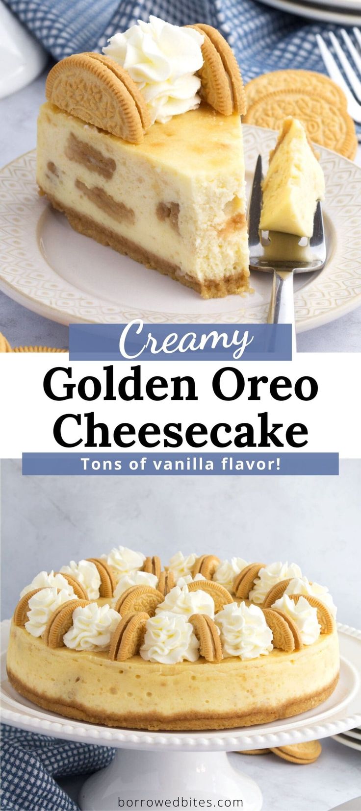 a cheesecake on a plate with the words creamy golden oreo cheesecake