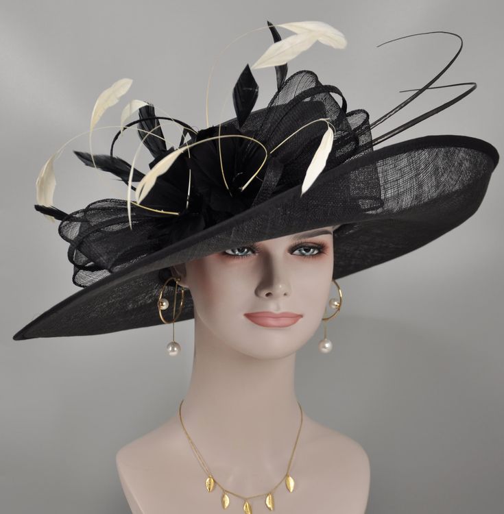 "4. Primary color is for the base hat color;     Second color is for the 9 PCS long feathers  color IF YOU LIKE THE DESIGN, JUST WANT TO ADD SOME COLORS TO MATCH YOUR DRESS, PLEASE FEEL FREE TO CONTACT ME, I WILL HELP YOU.This beautiful sinamay hat is an elegant wear at any church or derby event. its sinamay material is not too intimidating and attracts the eye. The chic flower adnorment that rests on the wide, side sweep brim is complemented by sinamay accentuations. Material: Sinamay with feat Top Hat With Feather Trim For Royal Ascot Evening, Feather Trim Top Hat For Royal Ascot Evening, Evening Top Hat With Feather Trim For Royal Ascot, Elegant Party Costume Hats And Headpieces With Feather Trim, Elegant Feathered Mini Hats For Party, Elegant Mini Hats With Feather Trim For Party, Elegant Black Feather Trim Costume Hat, Elegant Black Costume Hat With Feather Trim, Elegant Black Fascinator With Feather Trim