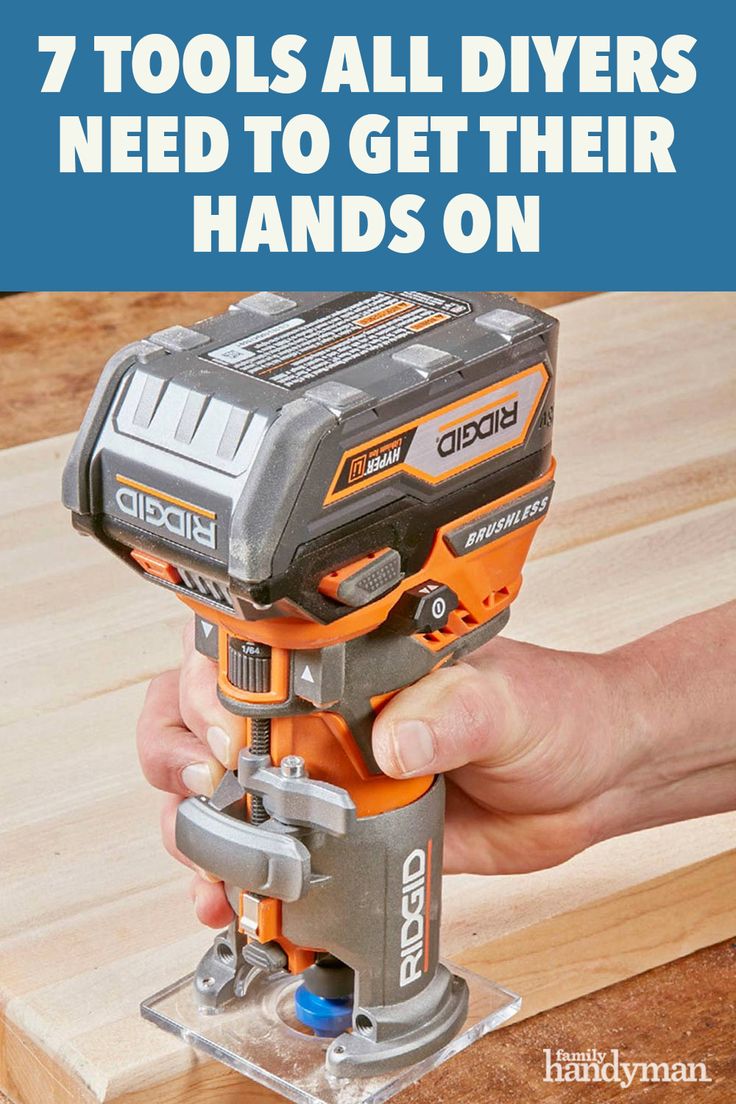 a hand holding an electric drill with the words 7 tools all diyers need to get their hands on