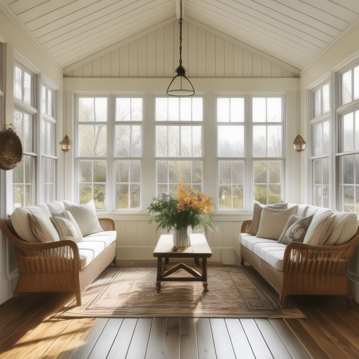 a living room with two couches and a coffee table in front of large windows