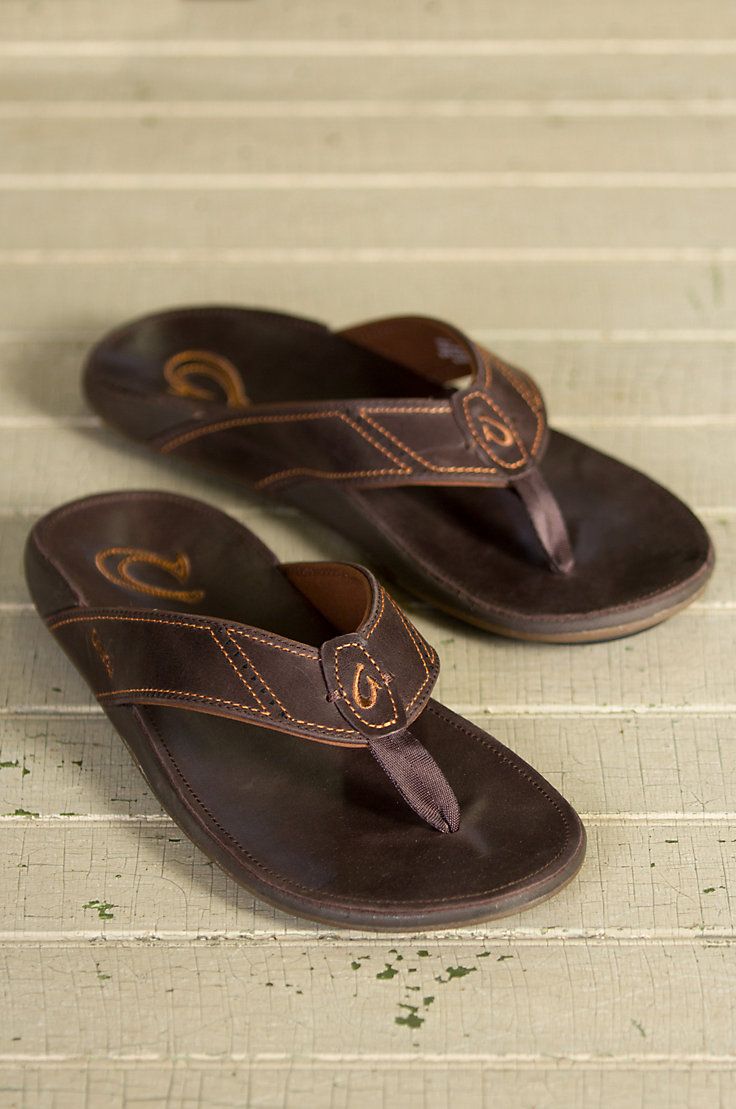 Men's Olukai Nui Leather Sandals Brown Leather Beach Sport Sandals, Summer Leather Sport Sandals With Ortholite Insole, Leather Sport Sandals With Ortholite Insole For Summer, Brown Leather Sport Sandals For Vacation, Brown Slip-on Sport Sandals With Arch Support, Leather Slip-on Sport Sandals For Beach, Leather Closed Toe Sport Sandals For Beach, Comfortable Leather Sport Sandals, Leather Sport Sandals For Beach