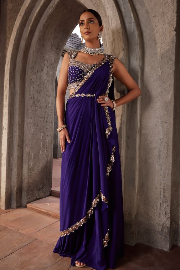 Purple pre-draped saree with sequin embroidered cut-out border asymmetric pallu. Comes with embroidered padded blouse and waistbelt. - Aza Fashions Purple Sari, Sarara Dress, Sweetheart Neck Blouse, Bridal Sarees South Indian, Crepe Saree, Embellished Belt, Padded Blouse, Vacuum Storage, Drape Saree