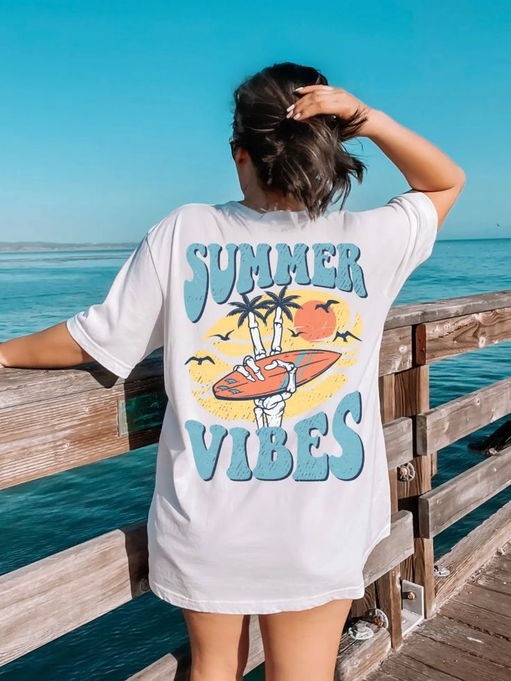 Summer Vibes - Retro Beach Shirt, Retro Style Tee, Summer Lover Tee, Oversized T-shirt, Surfer Shirt, Summer Shirt Gift by BatAndBoo on Etsy Vsco Style Graphic Print T-shirt For Vacation, Graphic Tee For Summer Activities, Fun Letter Print T-shirt For Summer, Summer T-shirt With Graphic Print For Activities, Graphic Print T-shirt For Beach Season, Summer Graphic Tee For Summer Activities, Fun Graphic Print T-shirt For Summer Activities, Casual Graphic Print T-shirt For Summer, White Printed T-shirt For Summer