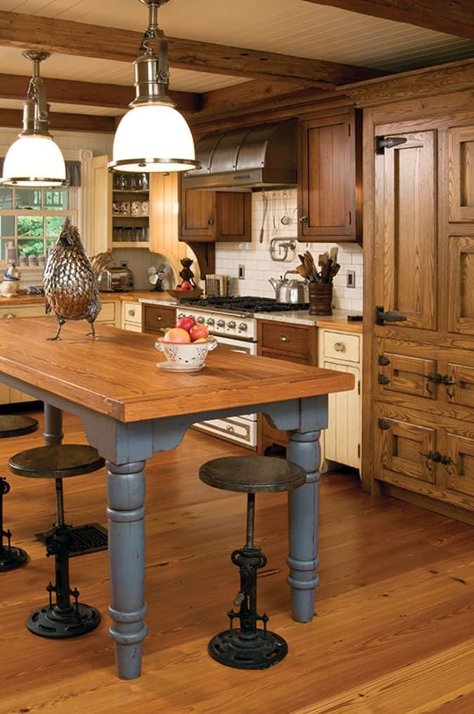 a large kitchen with wooden floors and an island