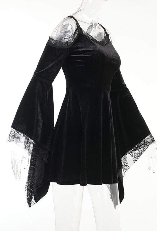 Women Gothic Vintage Lace Dress Dark Style Black Velvet Off-shoulder Flared sleeves A-line Mini Witch Dress Goth Doll, Vintage Lace Dress, Witch Dress, Gothic Vintage, Dark Style, Lace Dress Vintage, Black Dress With Sleeves, Gothic Dress, Dark Fashion