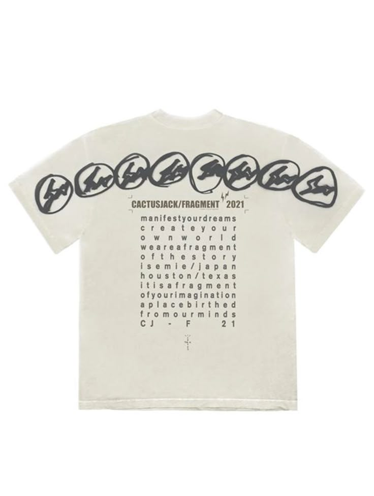 Travis Scott Cactus Jack For Fragment Manifest Tee White This Travis Scott x Fragment T-shirt was released in August of 2021, alongside the delivery of the pair's collaborative Jordan 1 Low.The Travis Scott x Fragment apparel collection was released in two separate parts, the first of which was made available with the release of the Jordan 1 High, and the second with the Jordan 1 Low. This t-shirt features Cactus Jack and Fragment branding and graphics on both the front and back of the t-shirt. Travis Scott Cactus Jack, Graphic Shirt Design, Basic Hoodie, Shirt Design Inspiration, Cactus Jack, Travis Scott, Apparel Design, Graphic Shirts, Design Inspo