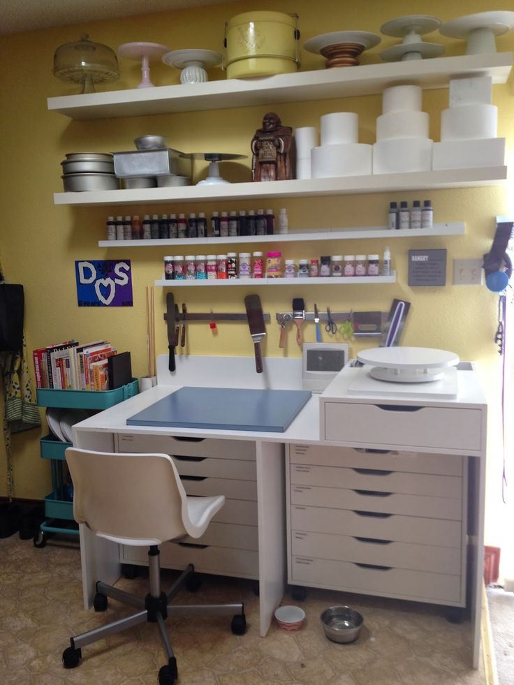 a craft room with lots of supplies on the shelves