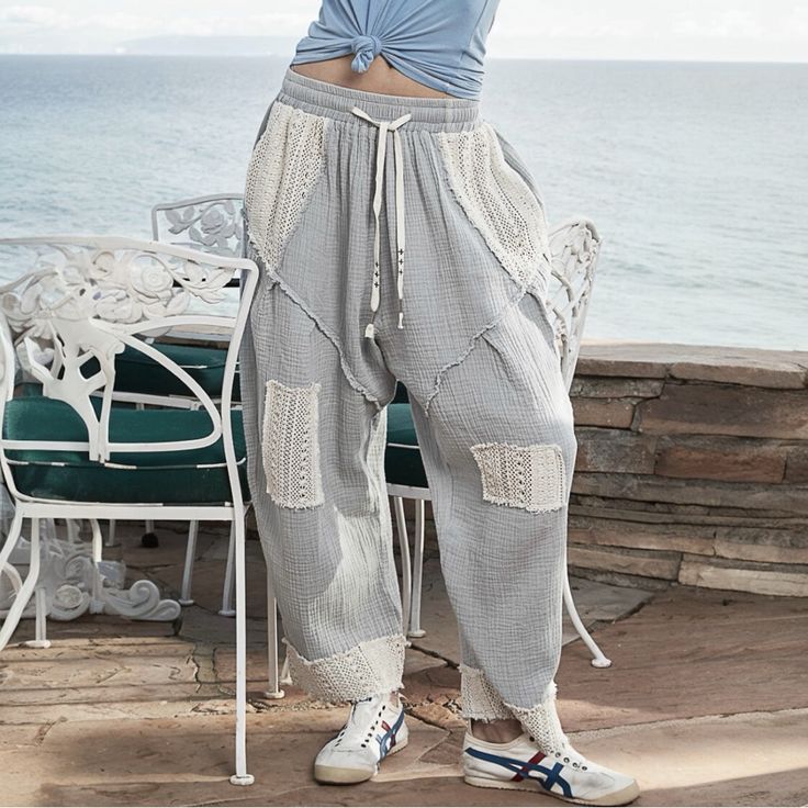 Harem Pants In Double Gauze And See Through Lace. Oversized And Comfy. Spring Relaxed Fit Patchwork Pants, Relaxed Fit Patchwork Pants For Spring, Beach Wide Leg Patchwork Pants, Beach Patchwork Wide Leg Pants, Blue Patchwork Pants For Summer, Spring Beach Pants With Patchwork, Spring Beach Patchwork Pants, Patchwork Long Pants For Loungewear, Baggy High-waisted Harem Pants For Beach