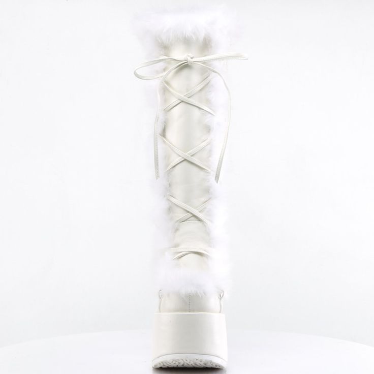 5" Platform Heel Faux Fur Knee High Boots. Lining And Upper Detail. Full Inner Side Zipper. White Faux Leather And Suede. Emac-311 Goth Platforms, Alternative Shoes, Demonia Shoes, Festival Shoes, Punk Boots, Gogo Boots, Suede Boots Knee High, Goth Punk, Cosplay Shoes