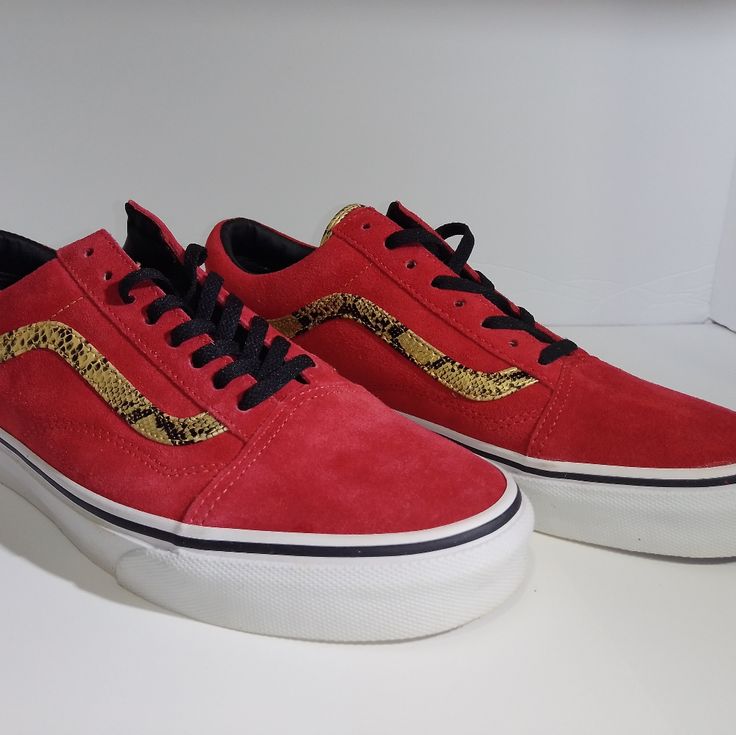 Brand New Awesome Red Vans With Snake Print Accents. Unisex. Red Skate Shoes With Laces For Skateboarding, Vans Leather Sneakers With Red Sole, Red Vans Sneakers With Red Sole, Red Vans High-top Skate Shoes, Red High-top Vans Skate Shoes, Vans Sneakers In University Red For Streetwear, Red Vans Skate Shoes With Red Sole, Red Vans Skate Shoes, Red Vans