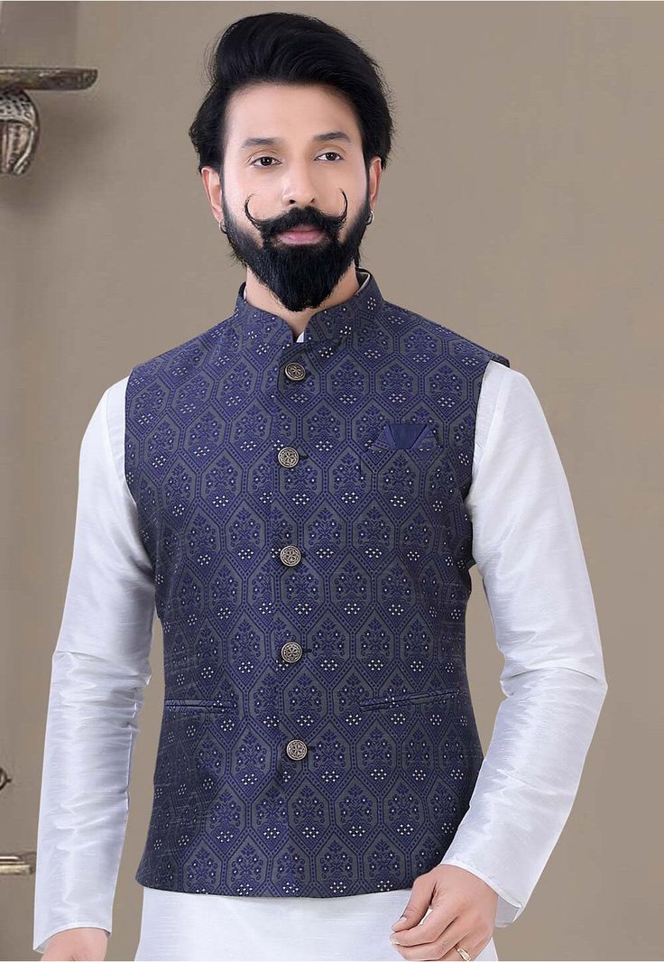 Art Silk Jacquard Nehru Jacket in Navy Blue This Readymade Chinese Collar Neck and Sleeveless attire is Enhanced with Buttons and Pockets Do note: Top, Bottom and Footwear shown in the image is for presentation purposes only. Half to one inch may vary in measurement. (Slight variation in actual color vs. image is possible) Nehru Jacket For Men, Navy Blue Print, Chinese Collar, Woven Art, Nehru Jacket, Utsav Fashion, Nehru Jackets, Collared Coat, Jacket For Men