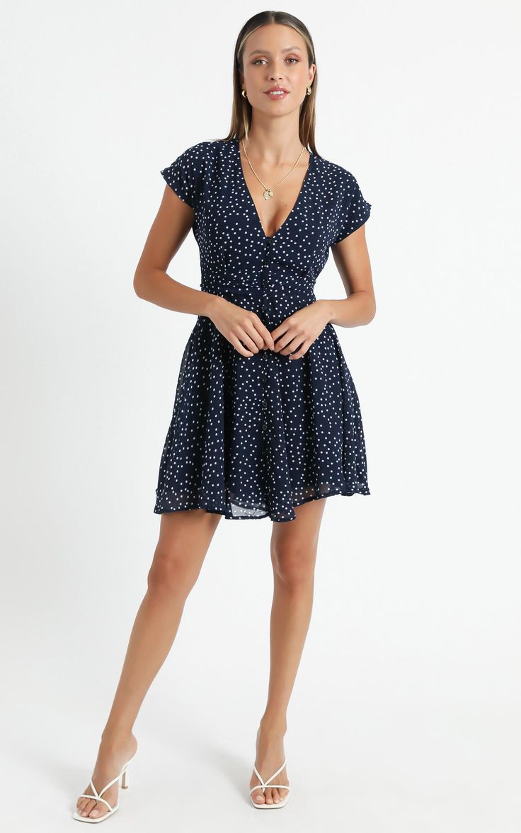 Hey Now Dress In Navy Spot | Showpo Line Dress, Skater Dress, Body Measurements, Midi Length, A Line Dress, Short Sleeve Dresses, A Line, Mini Dress, My Style