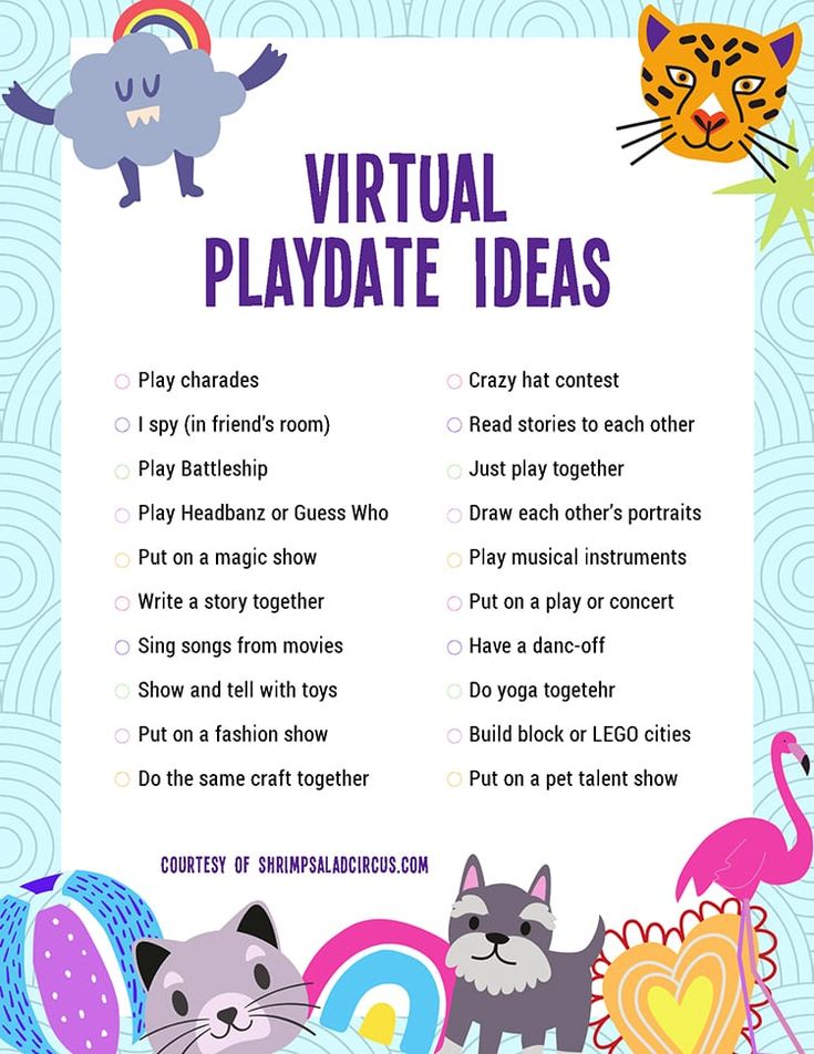 a poster with the words virtual play date ideas on it and pictures of different animals