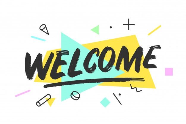 the word welcome written in black ink on a white background with colorful shapes and lines