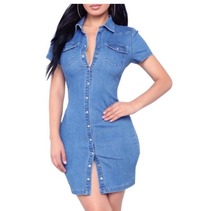 Sexy Button Up Blue Denim Bodycon Dress Denim Bodycon Dress, 70 Fashion, Printed Flare Pants, Dresses Fashion Nova, Short Sleeve Jumpsuits, Sleeveless Bodycon Dress, Short Sleeve Romper, Fashion Nova Dress, Denim Shirt Dress