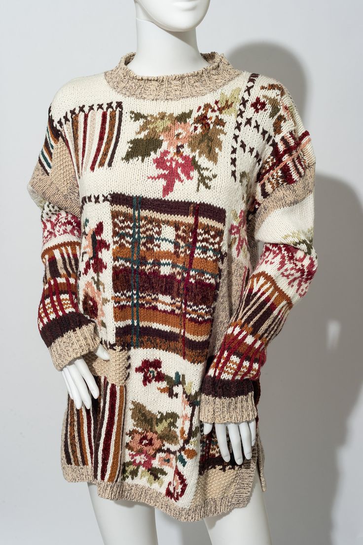 "Gorgeous vintage sweater by Tiara International. The sweater is made from a knit of cream, tan, brown, dusty rose, maroon, greens, and caramel. The sweater showcases a lovely floral pattern. The sweater is the perfect oversized 1990s chunky sweater. If you know, you know. If you don't, even the extra small sweaters in the 90s were LARGE. Tina the Mannequin loves this sweater! It's soft and pretty and super chunky! It's big too. It's about to become your new favorite sweater. Tina can just tell. Tag: Tiara International Size: vintage 1990s medium  Measurements: Chest: 21.5\" Sleeve: 20\" Length: 29\" Materials: Ramie, Cotton, Other Stored in a smoke-free, pet-free environment. Please note that not all screens are properly color calibrated. All images are taken with professional photo gear Beige Bohemian Chunky Knit Sweater, Bohemian Jacquard Knit Sweater For Fall, Fall Bohemian Jacquard Knit Sweater, Bohemian Beige Knit Sweater, Brown Oversized Vintage Sweater, Oversized Brown Vintage Sweater, Oversized Brown Bohemian Sweater, Bohemian Floral Print Winter Sweater, Beige Bohemian Sweater For Fall