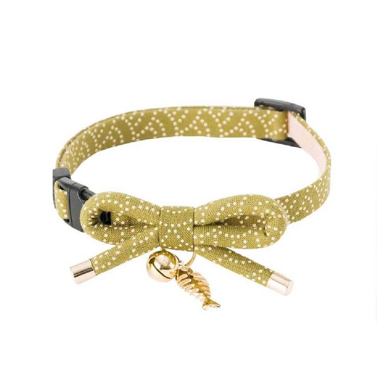 a green and white polka dot dog collar with a gold lobster charm on it's side