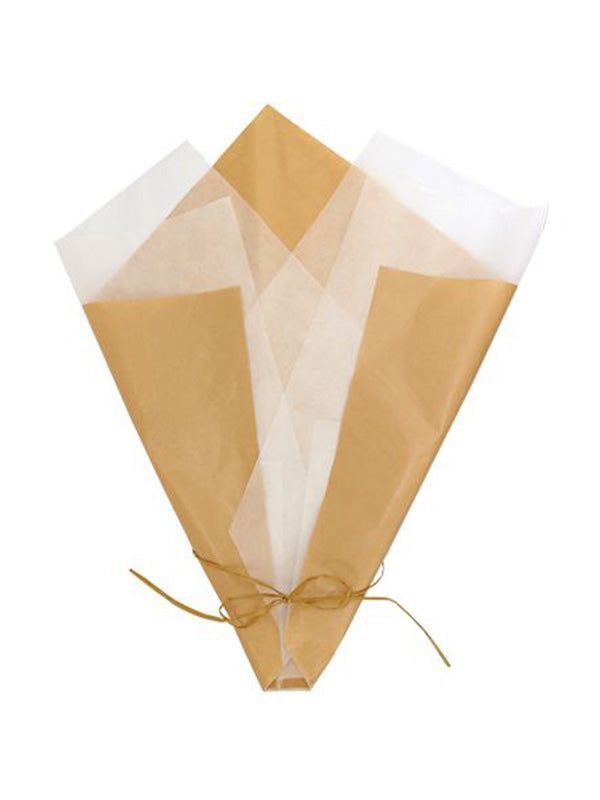 a brown and white paper bag tied to a string