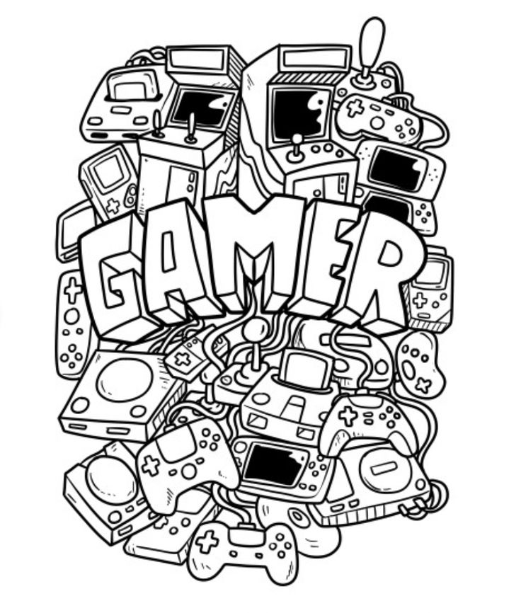 the word gamer surrounded by video game controllers and other electronic gadgets in black and white