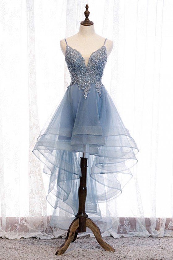 Shop Blue Ruffles High Low Prom Dress With Sequined Lace online. SheProm offers formal, party, casual & more style dresses to fit your special occasions. Blue Lace Prom Dress, Lace High Low Dress, High Low Party Dresses, Blue Homecoming Dress, High Low Prom Dress, Cute Homecoming Dresses, Tulle Homecoming Dress, Spaghetti Strap Prom Dress, Blue Homecoming Dresses