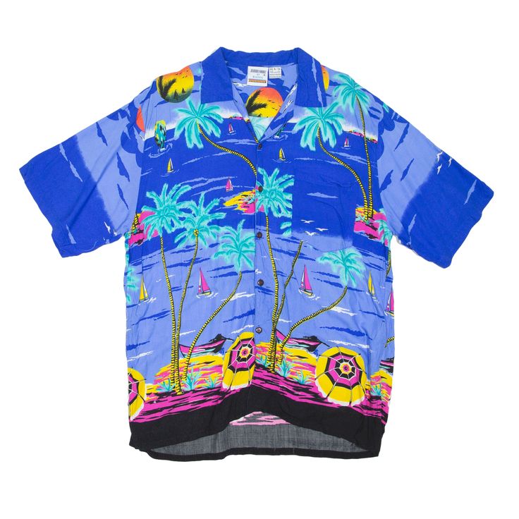 BASIX Jammin Shirt Beach Hawaiian Shirt Blue Floral Short Sleeve Mens L Printed Blue Shirt For Summer, Blue Printed Shirt For Summer, Summer Hawaiian Shirt In Blue With Prints, Summer Blue Hawaiian Shirt With Prints, Blue Collared Camp Shirt For Summer, Blue Camp Shirt With Graphic Print, Relaxed Fit, Summer Blue Shirt With Camp Collar, Blue Summer Camp Shirt For Beach, Blue Camp Collar Shirt For Summer